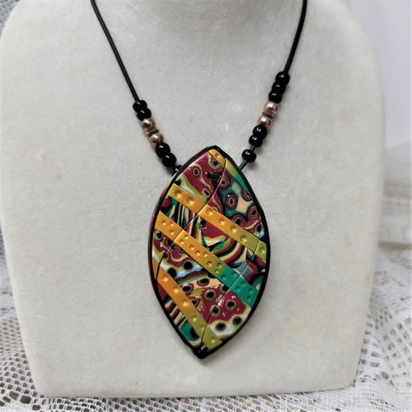 Modern Clay Colorful Necklace w/ Black Cord - Picture 5 of 9